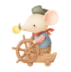 Cute Mouse Sailor Steering Wooden Ship Wheel