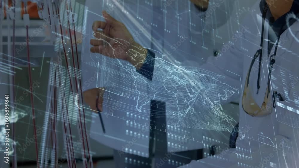 Poster lab technicians connecting color-coded cables, activating holographic world map for data analysis