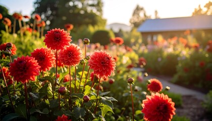 Vibrant red dahlias in full bloom bathe in the warm glow of a sunny garden