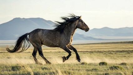 Majestic Horse Running Through an Open Landscape Under Blue Sky