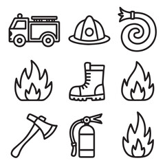 Fototapeta premium Collection of firefighter outline icons including truck and equipment