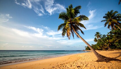 Serene tropical beach with leaning palm trees and turquoise ocean under a vast sky