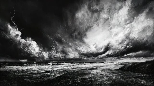 Dramatic Storm Over Ocean with Dark Clouds and Lightning Striking the Sea Surface