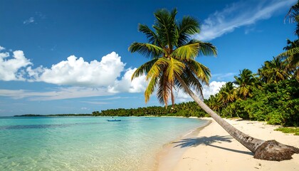 Serene Tropical Getaway: Palm Tree Leaning Over Turquoise Waters with Cloudy Sky