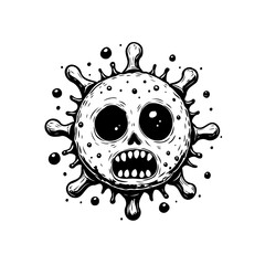 Cartoonish depiction of a virus with an expressive face showcasing fear and surprise during pandemic