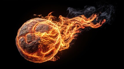 Fireball with bright orange flames and smoke on black background