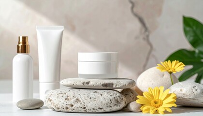 Elegant White Cosmetic Products Displayed with Stones and Yellow Flowers Still Life