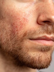 Obraz premium A man's skin is white, red, irritated, and has a fine texture around his cheeks, which is suitable for content for an anti-redness or soothing care brand.