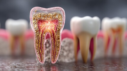 Detailed 3D Rendering Of Human Tooth Anatomy With Luminous Inner Structure