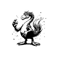 Black and white cartoon illustration of a funny fantasy creature standing in an expressive pose and outlined