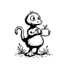 Whimsical cartoon animal character illustration holding a drink in a grassy landscape vector drawing