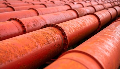 Series of parallel orange industrial pipes reflecting infrastructure and connectivity