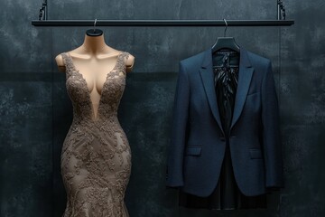 A shimmering gown and a tailored blazer hang side by side on a rack against a dark luxurious backdrop.
