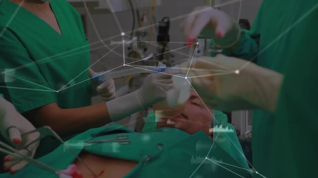 Animated data overlays revealing team performing laparoscopic surgery ensuring patient ventilation