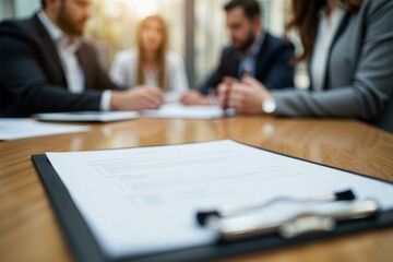 Businesspeople reviewing documents at a meeting.