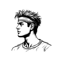 Stylish man portrait with headband in black and white illustration showcases strong features and dynamic hair art