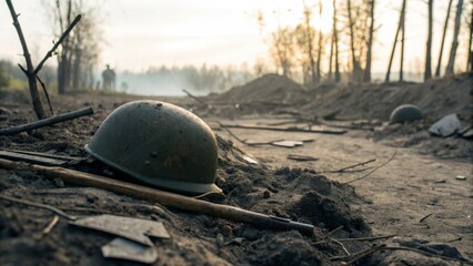 Abandoned Military Helmet in a War-Torn Landscape at Sunset
