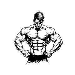 Fototapeta premium Vector illustration showcasing muscular man bodybuilder demonstrating strength and fitness lifestyle with black lines on white background