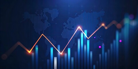 Financial market graph showing upward trend with global map background