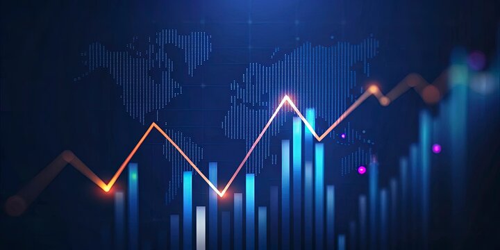 Financial market graph showing upward trend with global map background