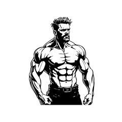 Strong muscular man training workout and showing abdominal muscles in black and white background design
