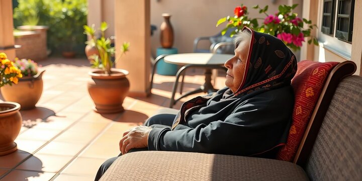 Elderly figure in headscarf rests on sun-drenched patio, serenity, summer