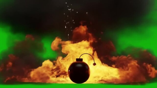 Seamless loop animation of a realistic fire explosion with smoke and fiery blast on green screen. Dynamic bomb effect for VFX and compositing