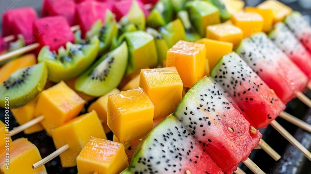 Poster a vibrant array of sliced mango watermelon and dragon fruit on skewers ready to be enjoyed as a ligh