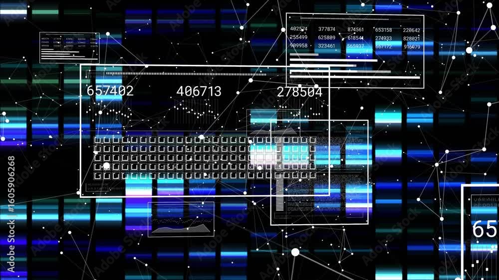 Poster fading wireframes initiating keyboard expanding while data windows animating for interface demo