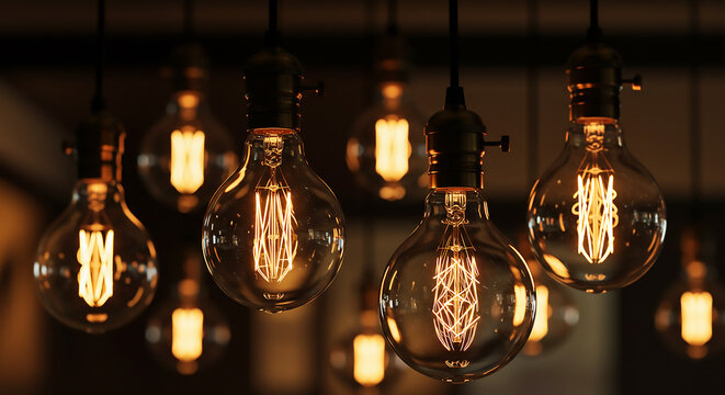 A classic display of vintage-style incandescent light bulbs with glowing filaments, creating a warm and inviting ambiance.