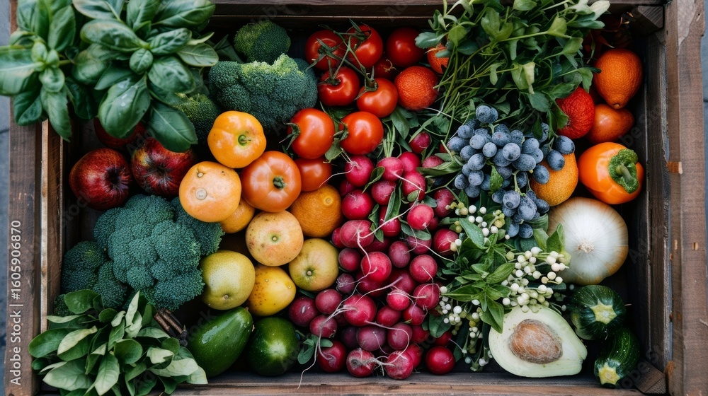 Aufkleber a colorful array of fruits and vegetables overflowing from a crate representing the fresh ingredient