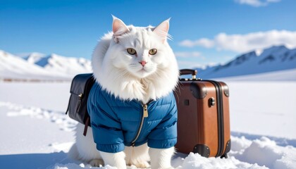 Adorable traveling feline explorer in a blue puffer coat with luggage, posing in a vast snowy arctic landscape for a winter pet adventure