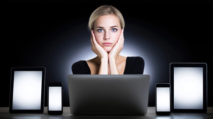 Young woman looking stressed while working with multiple devices at night