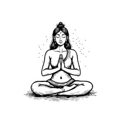 Serene yogini in lotus position vector art illustration featuring meditative mindfulness and spiritual practice with a goddess