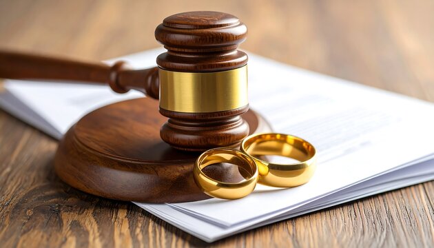Solemn gavel near golden rings, representing legal decisions and relationship conclusions
