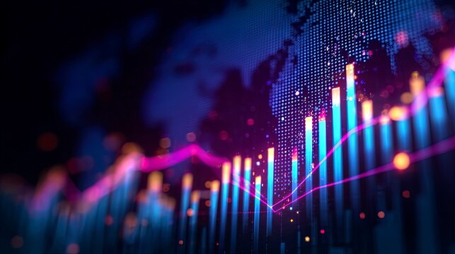 Financial market graph with rising trend and world map background