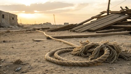 Obraz premium Sunlit Desert Landscape with Coiled Rope and Abandoned Structures