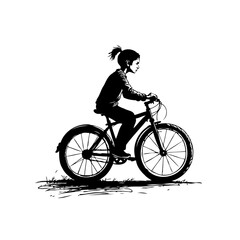 Obraz premium Childhood adventure captured: A young girl's silhouette riding her bicycle with freedom and joy outdoors sketch style
