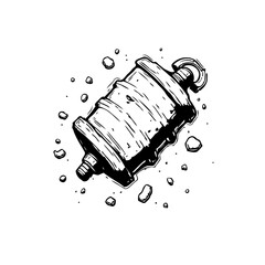 Detailed black and white drawing of an object resembling industrial machinery surrounded by abstract elements vector graphics