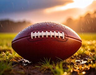 Close-up of a brown American football resting on wet grass, with raindrops falling and a blurred sunset background.