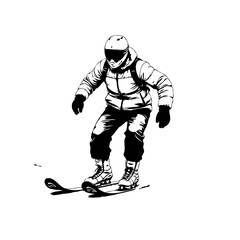 Black and white illustration of a skier descending a slope with winter sportswear and helmet