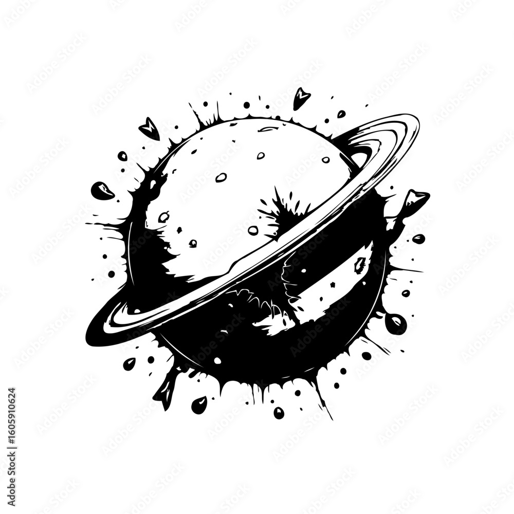 Poster monochromatic planet with splash effect illustration showcasing cosmic themes suitable for minimalis