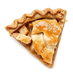 A slice of apple pie with a golden lattice crust, showcasing a warm, inviting filling.