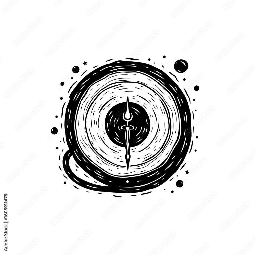 Poster mystical concentric swirls with central dagger or sword a captivating black and white image explorat