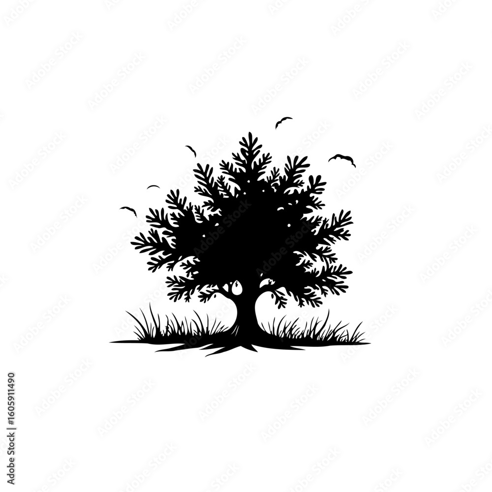 Poster silhouette tree with birds flying around and lush grass at the base creating a tranquil scene