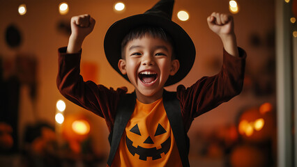 Asian boy on Halloween, smiling with fist pumping