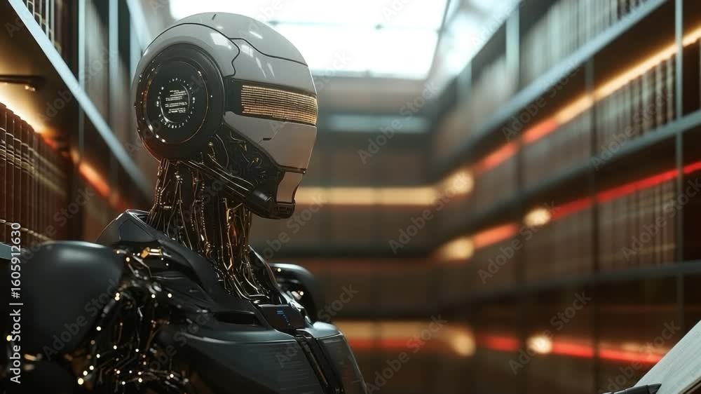 Aufkleber futuristic robot in modern library with high-tech environment and shelving filled with books