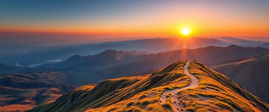 Sunrise over mountain range, path winding upward,  destination,  sunrise