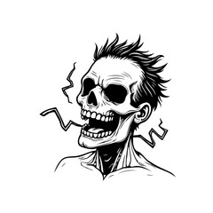 Creepy skeletal figure with a haunting grimace and spiky hair creates a chilling illustration, showcasing death