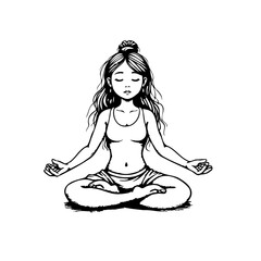 Girl practicing meditation in lotus position black and white illustration for yoga and wellness concept illustration